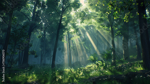 Behold the enchanting sight of sun rays filtering through the dense forest canopy in an AI-generated image