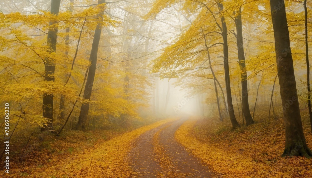 Obraz premium Beautiful, foggy, autumn, mysterious forest with pathway forward. Footpath among high trees with yellow leaves