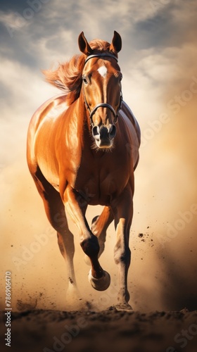 A majestic brown horse runs gracefully through a dusty field with wild abandon