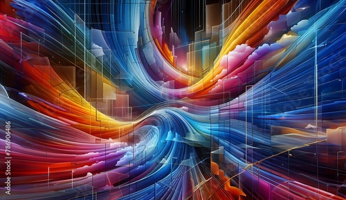 Colorful abstract painting with bright blue, orange, purple, and yellow hues.