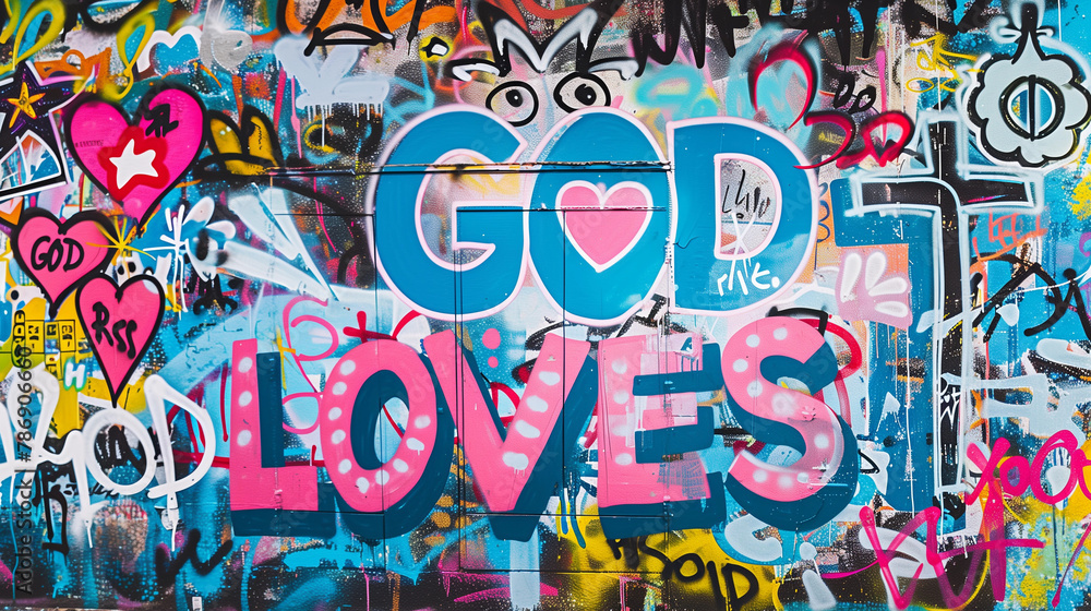 Spray painted graffiti wall positive quote GOD Loves graf paint artist tag rainbow colorful pink blue cross heart  street art mural forgive faith jesus christ religion church word background painting 