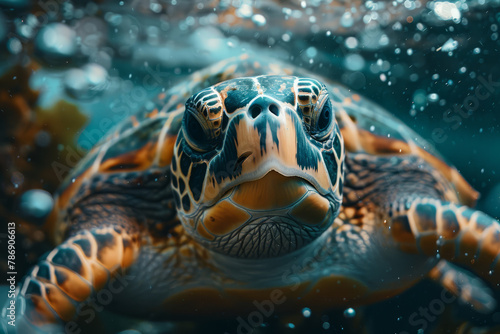 A majestic sea turtle swims through the clear ocean waters, with sunlight filtering through and casting a tranquil ambiance..