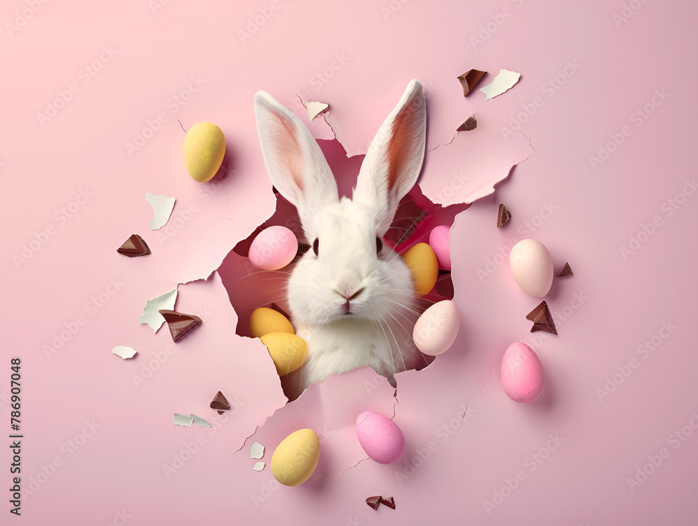 Easter Bunny peeking out of a hole with chocolate easter eggs on pastel wall banner