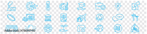 society icon set. technology education healthcare agriculture energy transportation speech justice art editable stroke line vector icons collection illustration