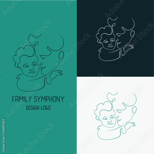 Daddy hugging baby, logo in the line art style, hand-drawn vector