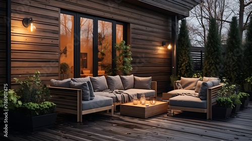 Terrace house with plants wooden wall and table comfortable sofa armchair and lanterns. Cozy space in patio or balcony. Wooden veranda with garden furniture. Modern lounge outdoors in backyard 