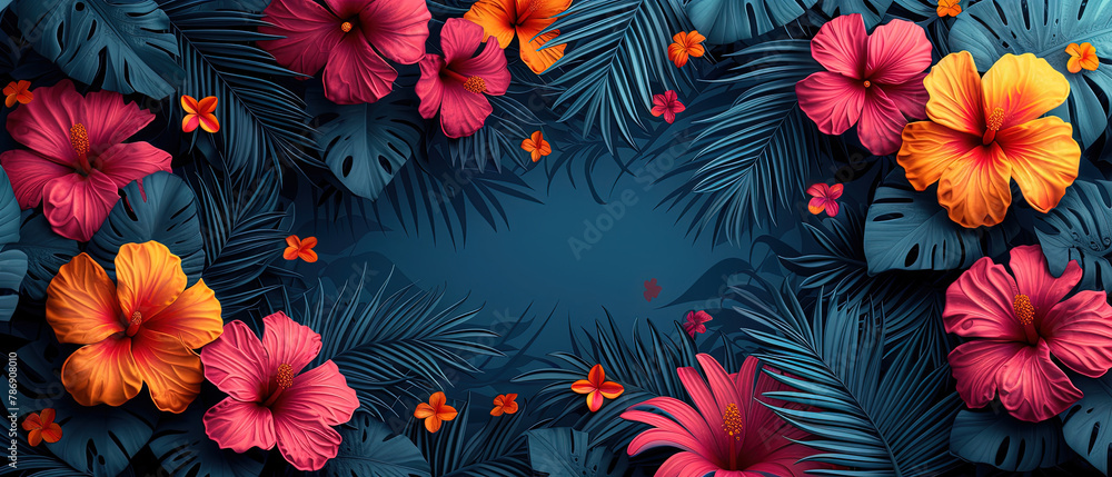 tropical background with flowers and leaves in a frame