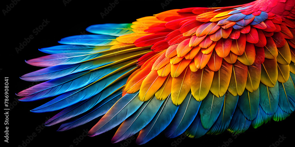 Obraz premium Parrot wing on a black background, minimalism, Zoomorphic, texture, wallpaper, HD generated AI