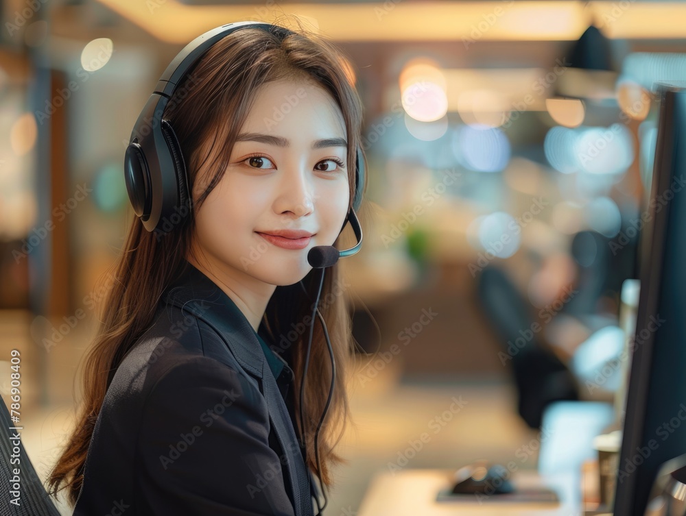 Call center, young women with earphones. Call center, young women with earphones.