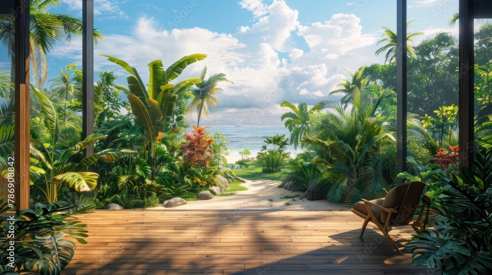 Fototapeta premium Coastal Comfort: Wooden Terrace with Relaxing Armchairs and Sea Background 