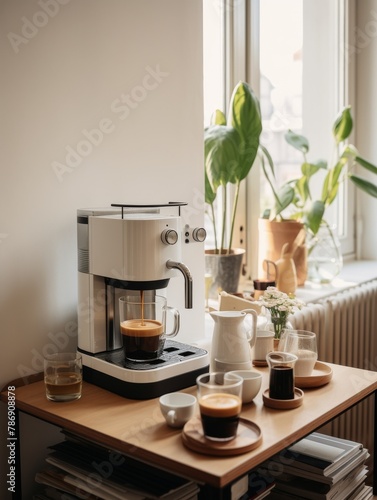 A sleek coffee maker perches atop a rustic wooden table, ready to brew a fresh cup of joe photo