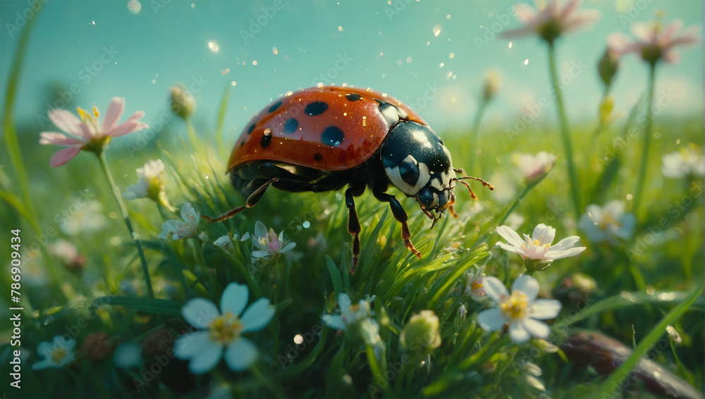 Fototapeta premium Image of beetles among flowers and grass, macro 4K photo 21