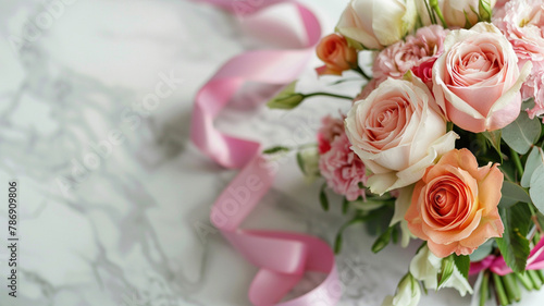 flower bouquet with roses and pink ribbon on marble table  celebration concept  copy space
