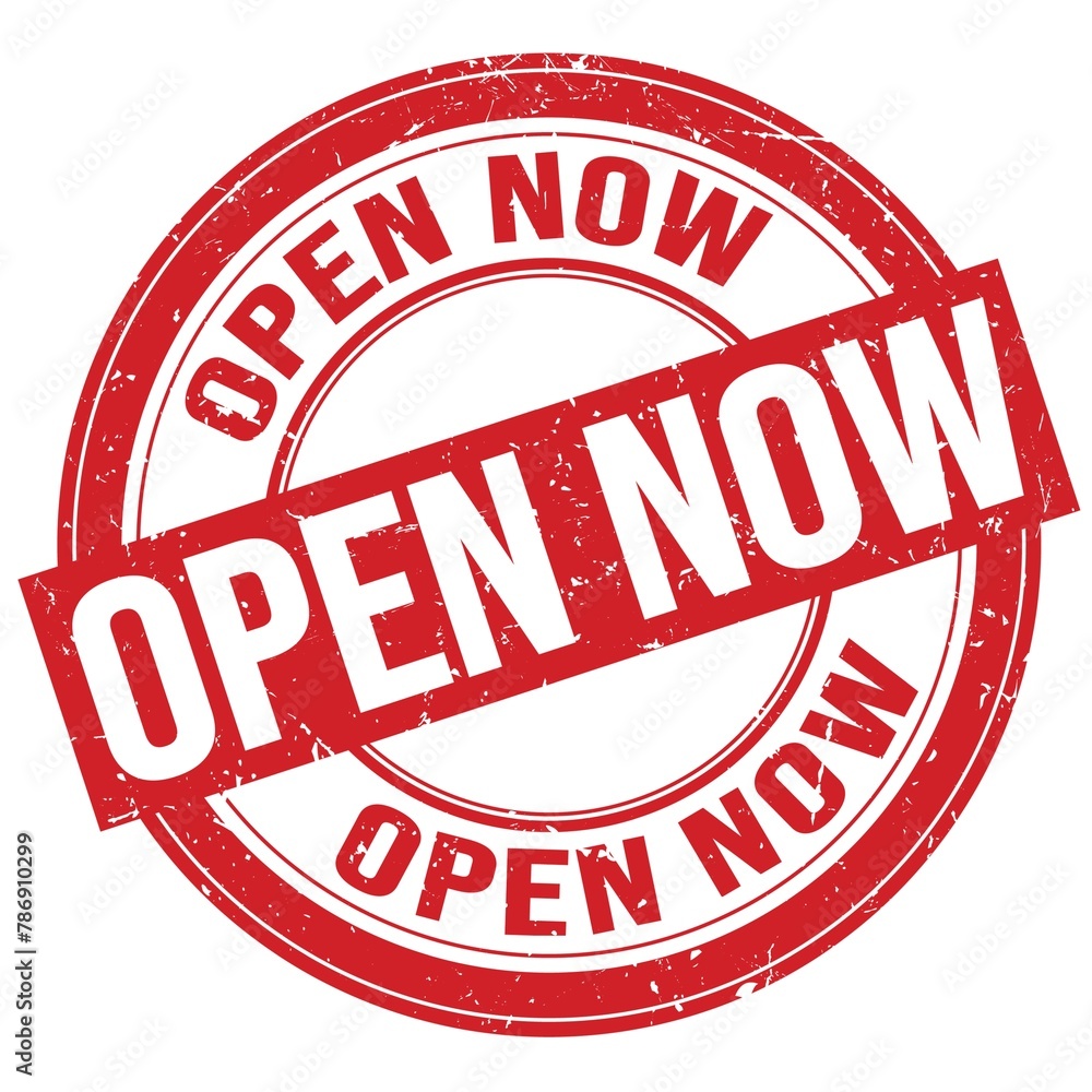 OPEN NOW text written on red round stamp sign OPEN NOW text written on red round stamp sign