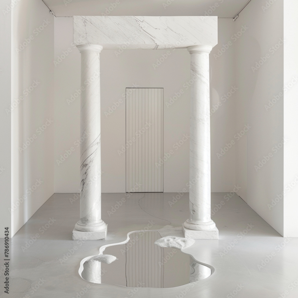 two hexagon white marble columns framing a minimalist white doorway with a silver mirror shaped like a puddle on the ground below the pillars with white walls and white floor two hexagon white marble columns framing a minimalist white doorway with a silver mirror shaped like a puddle on the ground below the pillars with white walls and white floor