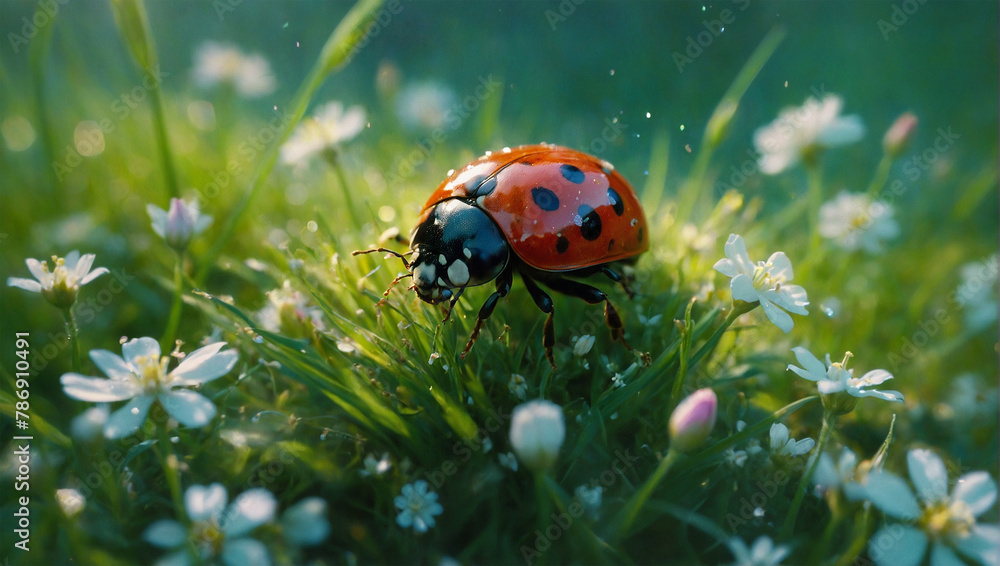 Fototapeta premium Image of beetles among flowers and grass, macro 4K photo 2