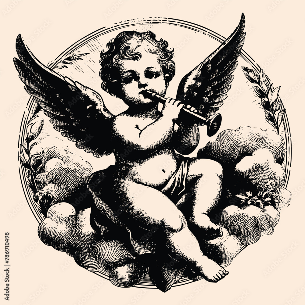 hand drawn baby with wings old engraving vector illustration style ...