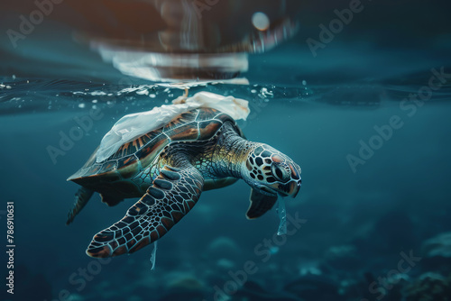 Sea Turtle Amongst Ocean Plastic Pollution