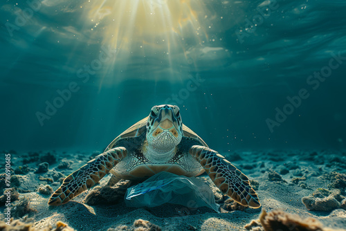Sea Turtle Amongst Ocean Plastic Pollution © bajita111122