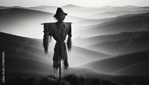 A black and white image showcasing a solitary scarecrow with tattered clothes in a minimalist style. photo