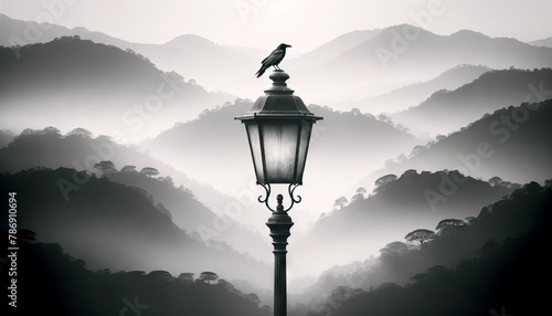 In a minimalist black and white style, A detailed image of an antique, weathered streetlamp with a single raven perched atop. photo