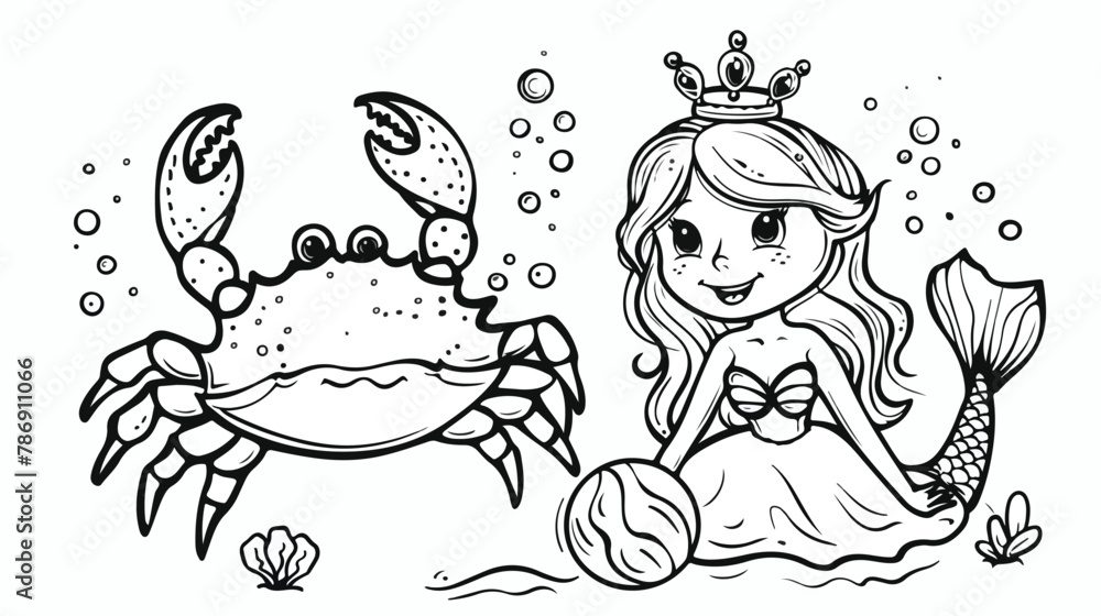 Cartoon crab showing a large pearl to cute little mer
