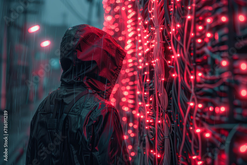 A mysterious figure in a raincoat stands next to glowing red neon lights on a rainy, urban night.. © bajita111122