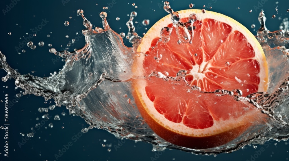 Fresh ripegrapefruits splashing into the water on a black background on a black background. Fresh ripegrapefruits splashing into the water on a black background on a black background.
