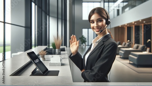 A friendly receptionist with a headset greeting virtual visitors against the backdrop of a sleek, modern reception area.