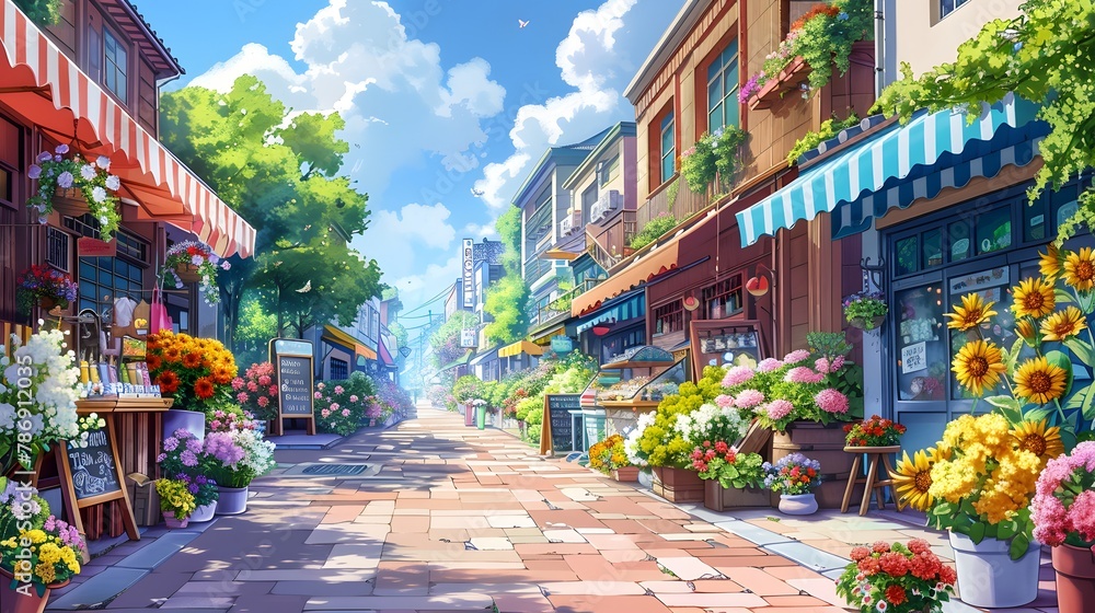 Bright and inviting digital illustration of a sun-drenched street lined with quaint shops and abundant flowers.