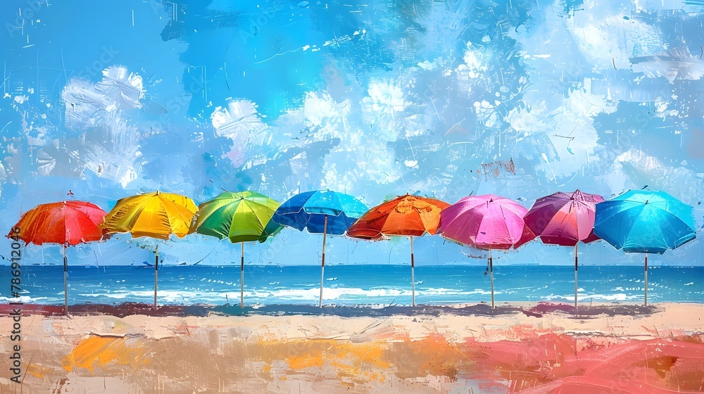 Abstract painting of a row of vibrant beach umbrellas against a bright, textured seaside backdrop.