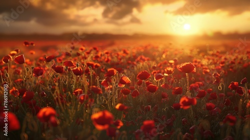 Breathtaking landscape of a poppy field at sunset with the sun dipping low on the horizon, casting a warm glow over the vibrant red flowers © Ammar
