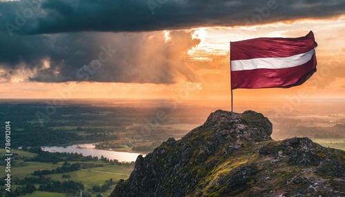 The Flag of Latvia On The Mountain