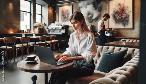 A young woman in a smart casual outfit, consisting of a crisp white blouse and tailored trousers, working on a laptop in a chic cafe.