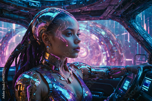 beautiful woman wearing futuristic clothing surrounded by glowing neon lights cybertechnology