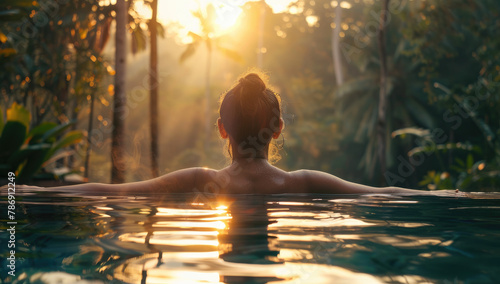 A woman relaxing in an infinity pool enjoying the natural scenery of lush greenery and trees at sunset  feeling calm after her spa experience