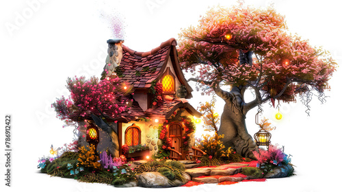 A small fairy tale cottage surrounded by trees and mystic lights, clipart, fantasy, for scrapbooking, video games