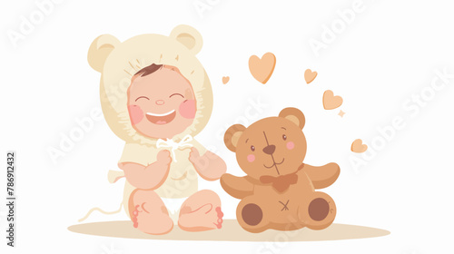 Newborn baby girl in bonnet diapers laughing sitting
