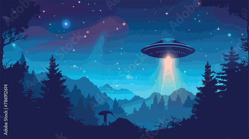 Night alien world landscape and ufo spaceship