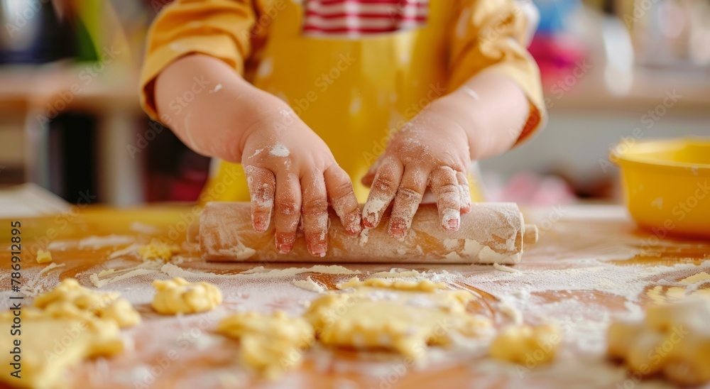  an image of a child rolling out dough in the kitchen, capturing the joy and messiness of the cooking experience.