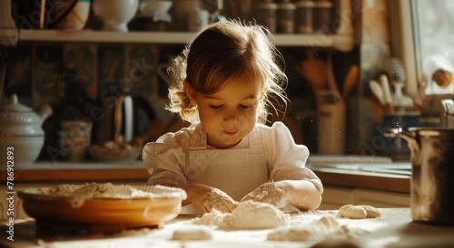  an image of a child rolling out dough in the kitchen  capturing the joy and messiness of the cooking experience.