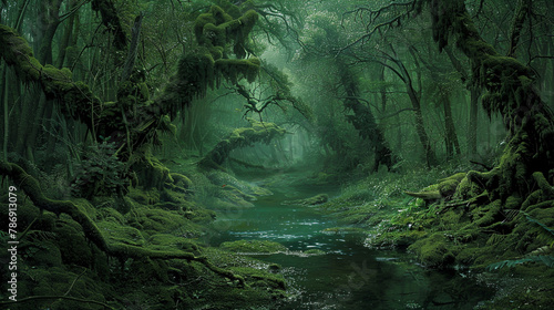 Delve into the heart of a dark and foreboding green forest  where nature s shadows cast a chilling presence. 