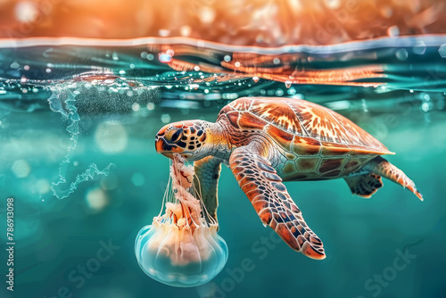 Close-up of a colorful sea turtle gracefully swimming in clear turquoise water  showcasing the beauty of marine life.