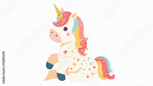 Cartoon illustration of cute unicorn sitting. flat vector