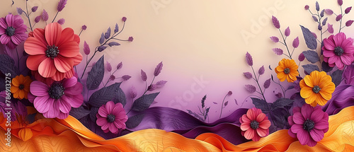 purple and orange flowers on a yellow and orange background photo