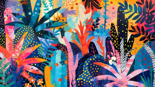 Abstract art painting of vibrant jungle rainforest with a lot of different plants. Bright vivid neon colors horizontal poster design