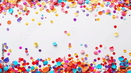 Colorful Confetti Scatter on White Background. Birthday postcard with empty copy space. Generative AI