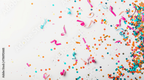 Festive white background with colorful confetti and streamers. Birthday border frame with empty copy space. Generative AI