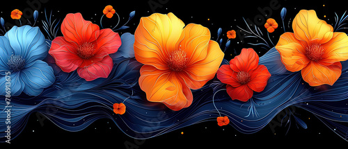 brightly colored flowers are on a black background with blue waves photo