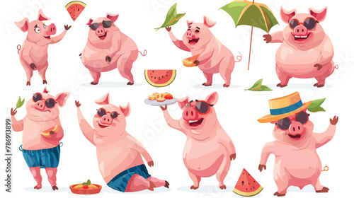 Cartoon pig set. Funny pig icons and action cute anim